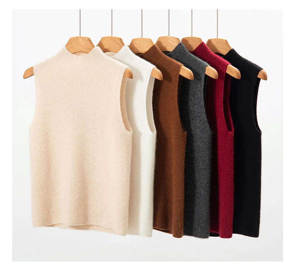 Cashmere Knitted Sleeveless Mock Neck Sweater